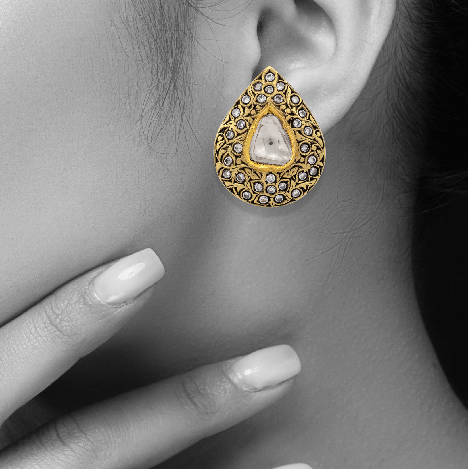 Teardrop Polki Studs with Partash Gold Detailing